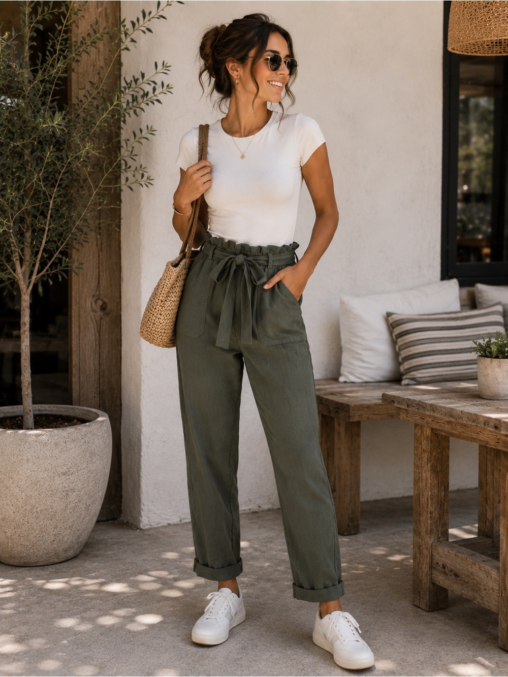 Joe B Olive Paperbag High-Waist Straight Leg Pants